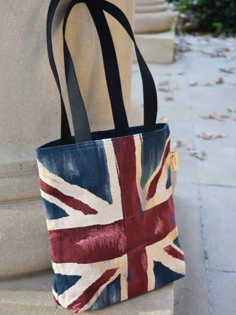 Tote bag with Union Jack design on a stone surface
